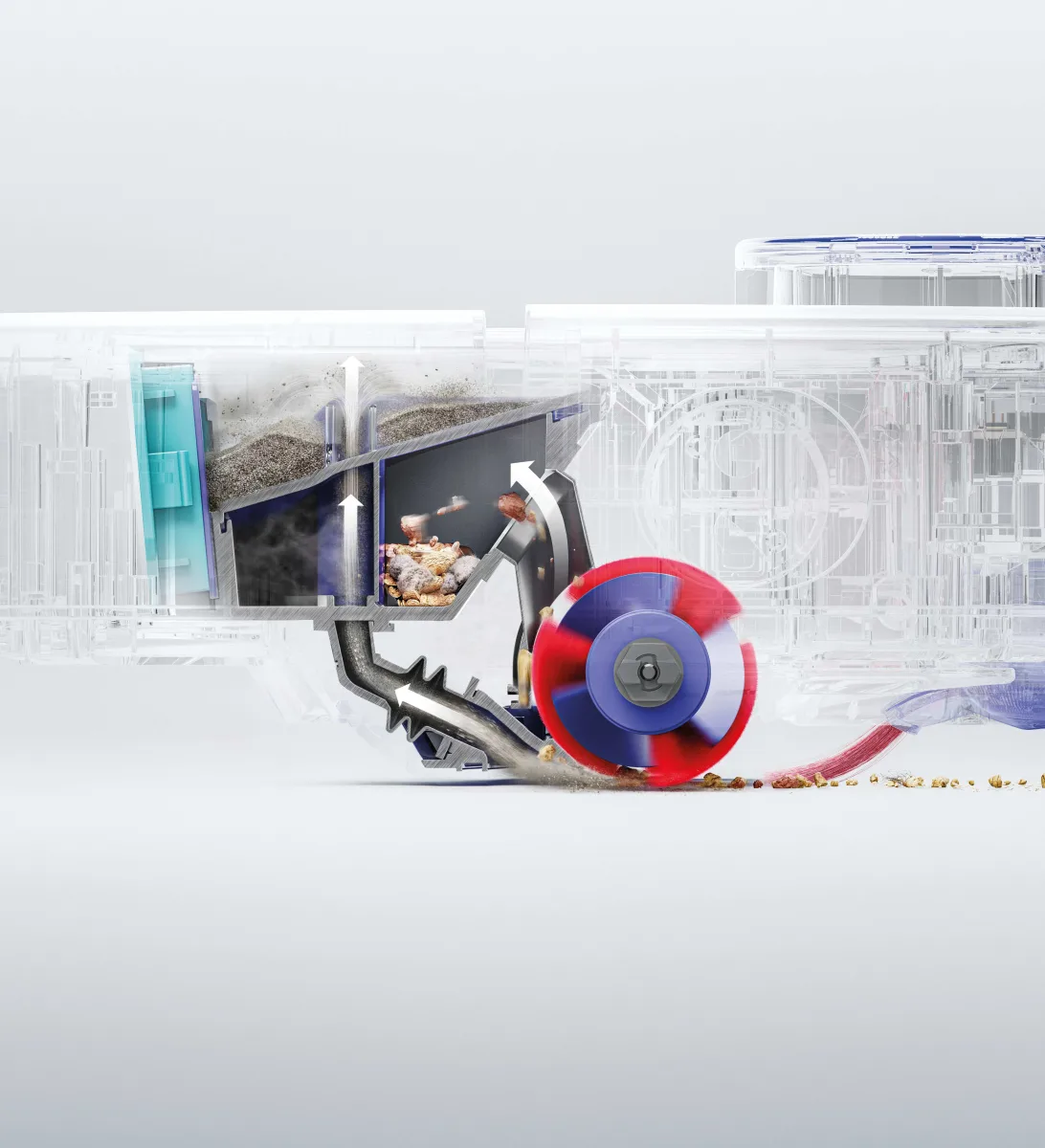 dyson RB07 A TECH 014 CMYK SideRight Glass TwinCapture Debris Cutaway CROP A3 GRAD dyson